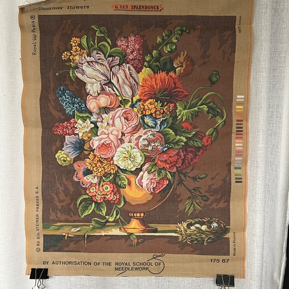 Needlepoint Canvas Hand Printed Austria Cotton Vase With Poppies Red 15" x 19" - Picture 1 of 4